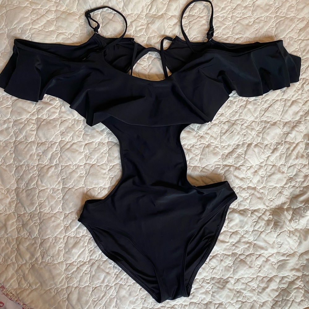aerie Black Ruffle One-Piece Swimsuit